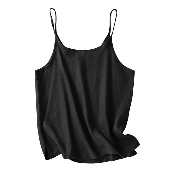 Tank Tops for Women Black Adjustable Shoulder Strap Solid Color Short Style with Cotton and Linen Split Basic Cami Shirts M
