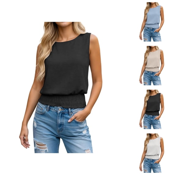 Tank Tops for Women Boho Linen Crewneck Smocked Hem Sleeveless Shirt Summer Outfits