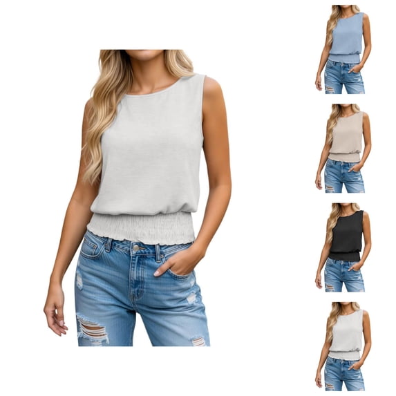 Tank Tops for Women Boho Linen Crewneck Smocked Hem Sleeveless Shirt Summer Outfits