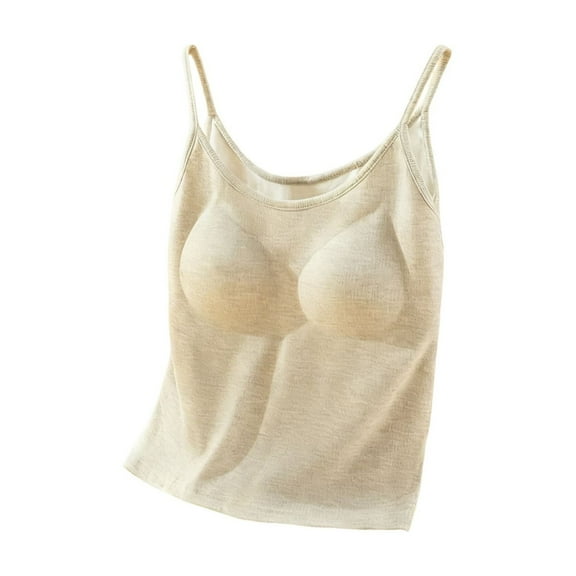 Tank Tops for Women Built in Bra Sleeveless Crewneck Solid Slim Straps Vest Khaki XL