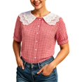 thumbnail image 1 of Tank Tops for Women Button Down Plaid Print Lace Collar Short Sleeve Y2K Tops,Red,3XL, 1 of 9