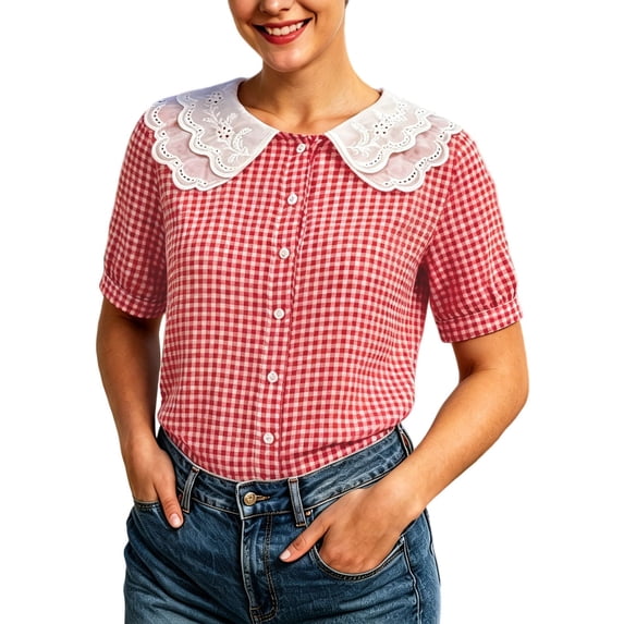 Tank Tops for Women Button Down Plaid Print Lace Collar Short Sleeve Y2K Tops,Red,3XL