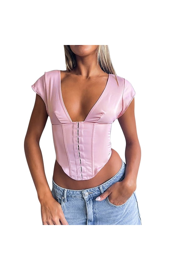 Tank Tops for Women Camisole Deep V Neck Corset Slim Lace Up Girl All T Shirt Vest Suspenders Undershirts,Pink,M