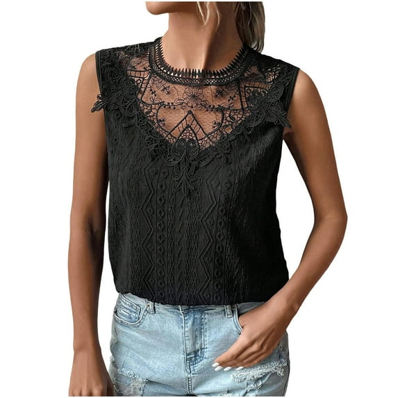 Tank Tops for Women Camisole Fashion Solid Color Lace Collar Stitching Crochet Tank Top Crew-neck Tank Top Basic Camisoles Black S