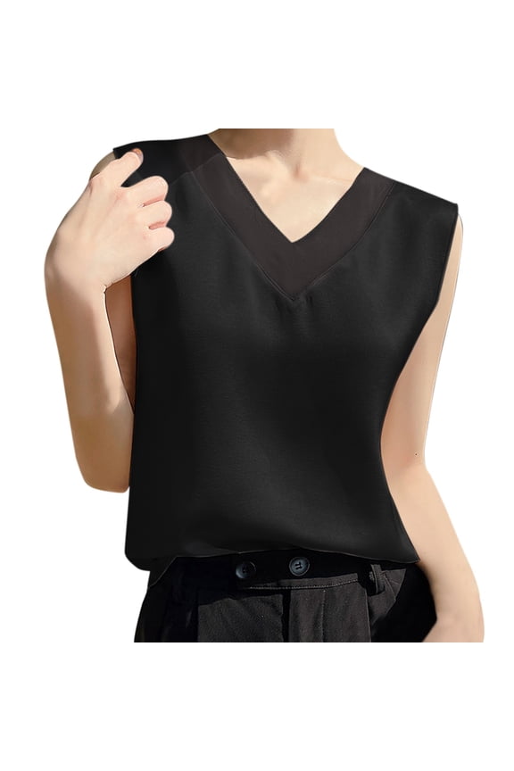 Tank Tops for Women Camisole Glossy Satin Sleeveless V Neck Lace Toggle Simple Cut Sweatshirt Tank Tops