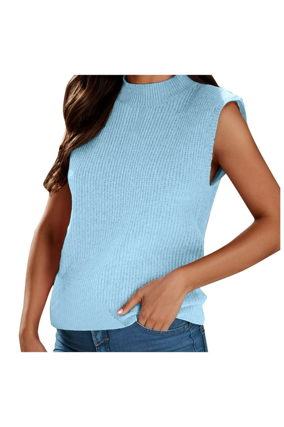 Tank Tops for Women Camisole Mock Neck Knit Sweater Vest Sleeveless Ribbed Pullover Undershirt,Blue,M