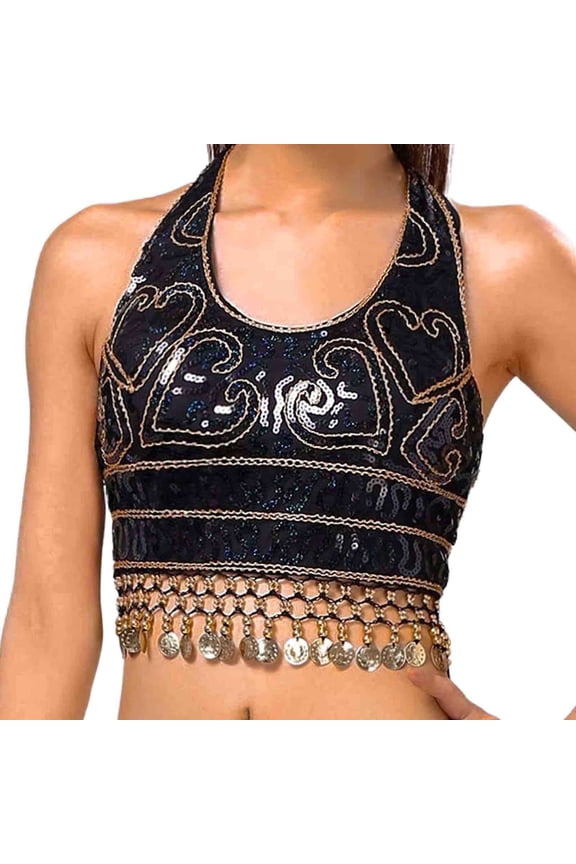 Tank Tops for Women Camisole Sequin Crop Belly Dance Bra Talter Sequin Tassel Undershirt,Black,One Size