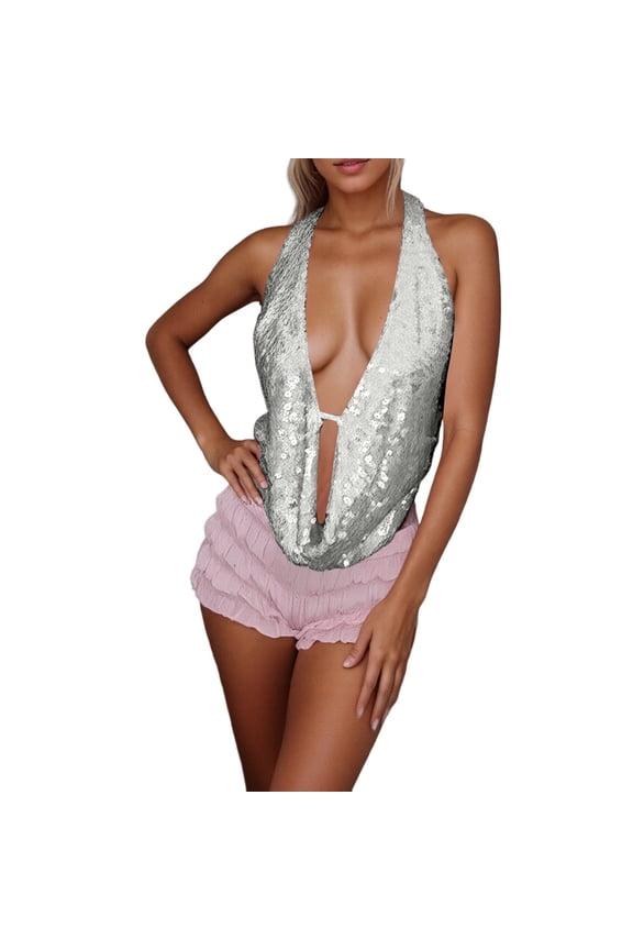 Tank Tops for Women Camisole Sequin Deep V Neck Halter Sleeveless Backless Undershirt,Silver,M