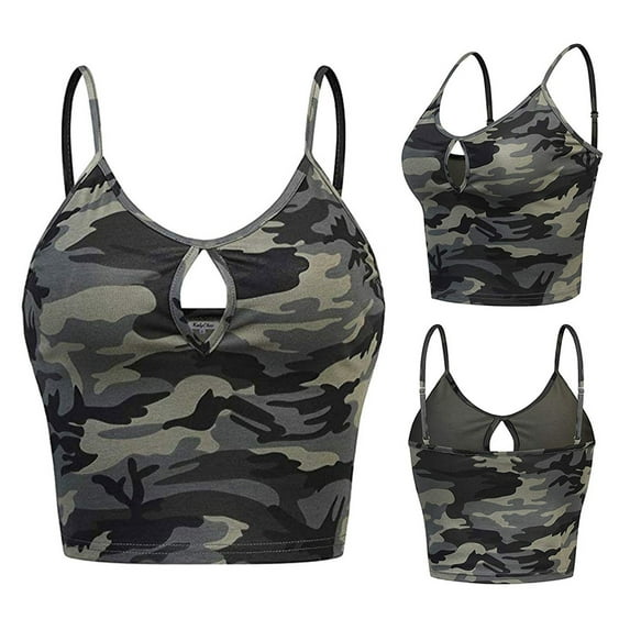 Tank Tops for Women Camouflage Sleeveless Backless Spaghetti Strap O Neck Racerback Vest Grey Basic Fitted Summer Clothes S
