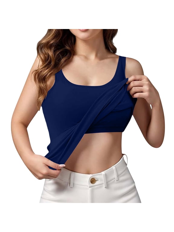 Tank Tops for Women Casual Breathable With In Bra Basic Padded Yoga Shirt Shelf Bras Workout Camisole Undershirt Womens Summer Tops Navy XL