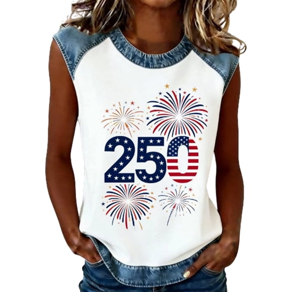 Tank Tops for Women Casual Patriotic Print Sleeveless Summer Style Tank Top 250 Anniversary Shirt Sky Blue L