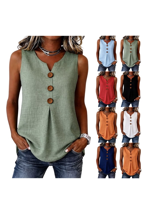 Tank Tops for Women Cotton Linen Button V Neck Sleeveless Shirts Casual Summer Gauze Boho Tops Beach Western Shirts Dark Blue XL