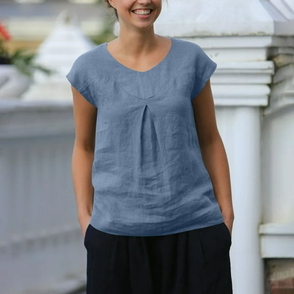 Tank Tops for Women Cotton Linen Cap Sleeve Sleeveless Solid Color Loose Shirt T-shirt Navy XXL