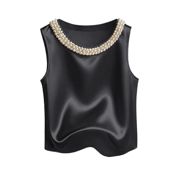 Tank Tops for Women Crew Neck Pearl Decor Satin Sleeveless Going Out Tops