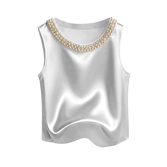 Tank Tops for Women Crew Neck Pearl Decor Satin Sleeveless Going Out Tops