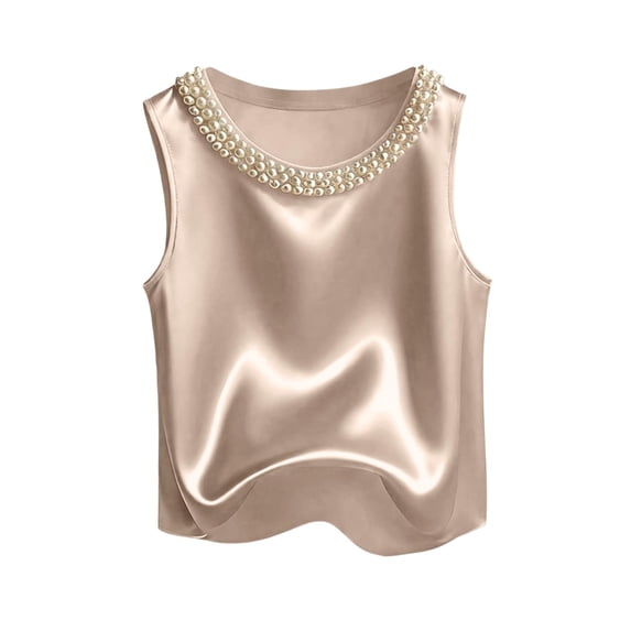 Tank Tops for Women Crew Neck Pearl Decor Satin Sleeveless Going Out Tops