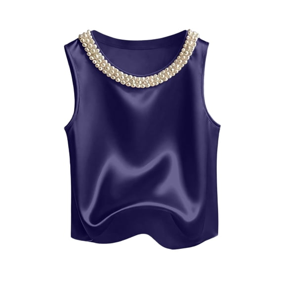 Tank Tops for Women Crew Neck Pearl Decor Satin Sleeveless Going Out Tops