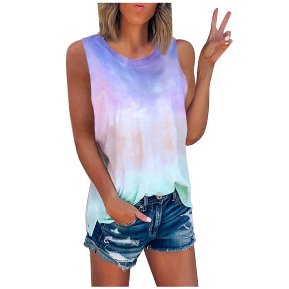 Tank Tops for Women Crew Neck Tie Dye Sleeveless Casual Tees Blouses Sleeveless Blouses for Women
