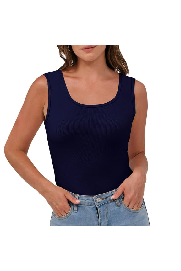 Tank Tops for Women Crewneck Sleeveless Tshirt Fashion Summer Round Neck Solid Color Slim Sport Camisole