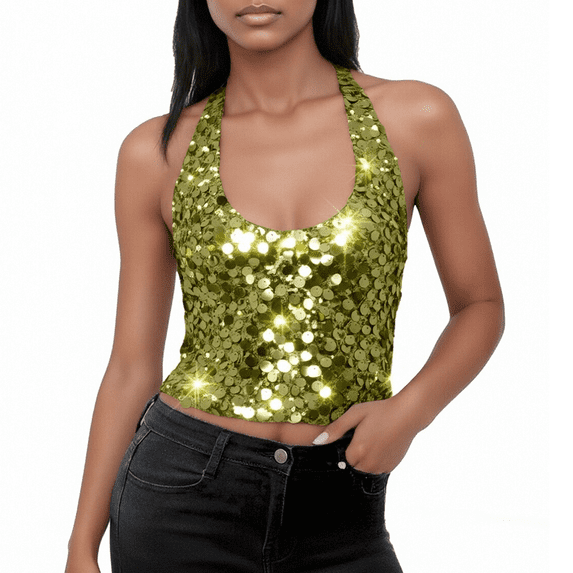 Tank Tops for Women Deep V Neck Sequin Tie Back Slim Fit Cropped Tops