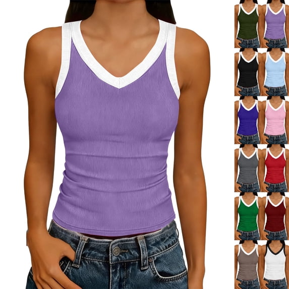 Tank Tops for Women Deep V-Neck Sleeveless Fitting Knit T-Shirt Casual Basic Slim Fit Summer Top Women's Tank Tops Light Purple S