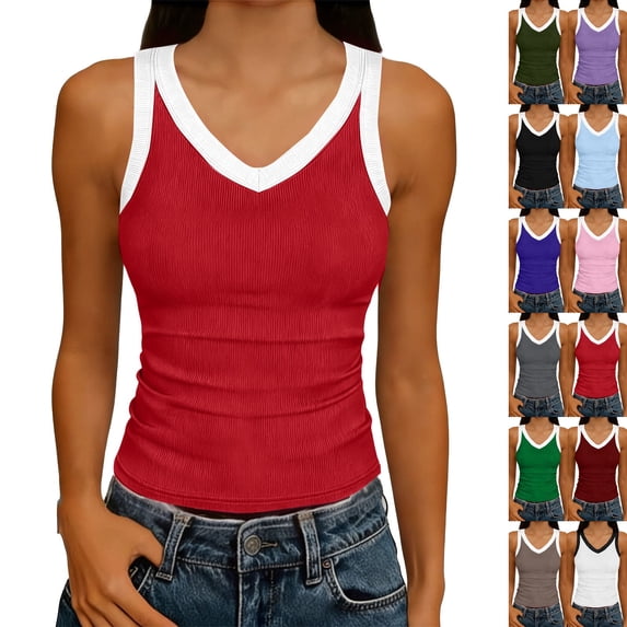 Tank Tops for Women Deep V-Neck Sleeveless Fitting Knit T-Shirt Casual Basic Slim Fit Summer Top Women's Tank Tops Red S