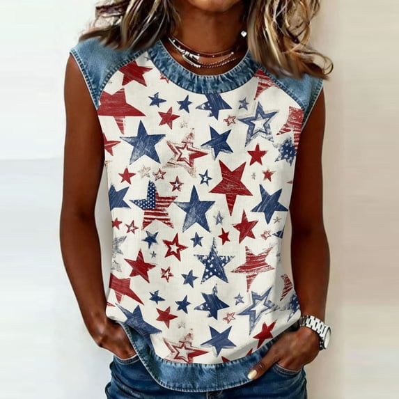 Tank Tops for Women Diagonal Stripe Star Round Neck Sleeveless Shirts Casual Loose Fit Trendy Patriotic Camisole Blouse Watermelon Red XL