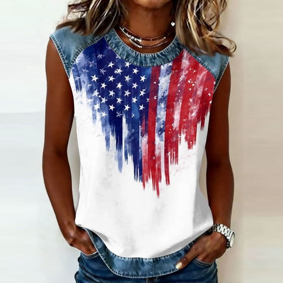 Tank Tops for Women Diagonal Stripe Star Round Neck Sleeveless Shirts Casual Loose Fit Trendy Patriotic Camisole Blouse White 2XL
