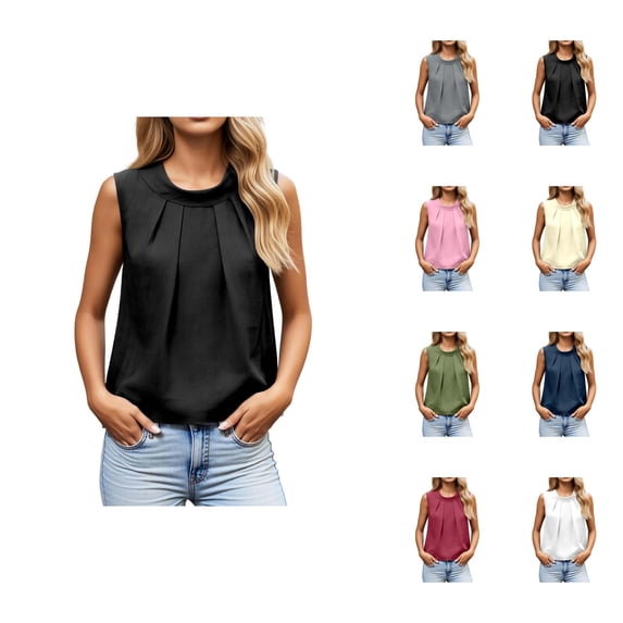 Tank Tops for Women Dressy Casual Crewneck Front Pleated Sleeveless Work Shirt Going out Tops Summer Outfits