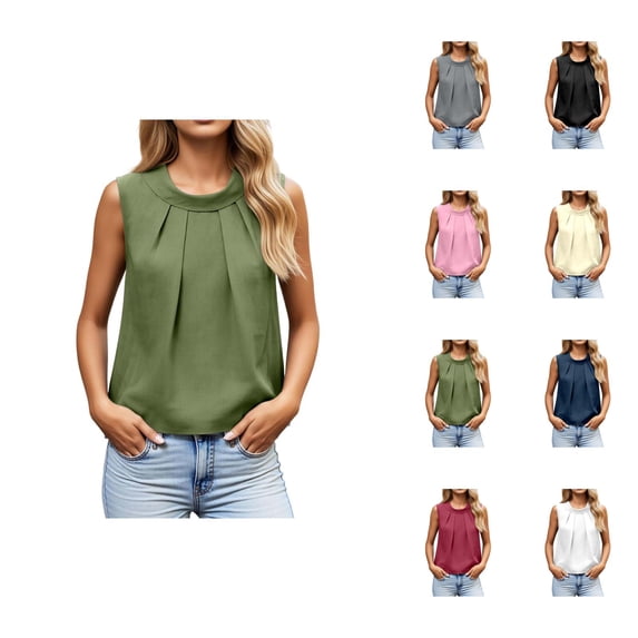Tank Tops for Women Dressy Casual Crewneck Front Pleated Sleeveless Work Shirt Going out Tops Summer Outfits