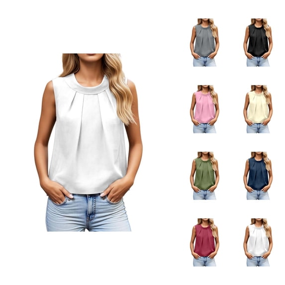 Tank Tops for Women Dressy Casual Crewneck Front Pleated Sleeveless Work Shirt Going out Tops Summer Outfits