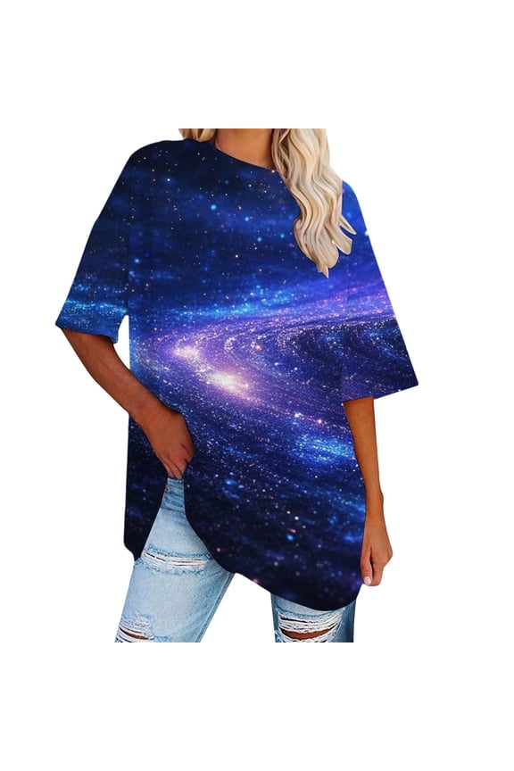 Tank Tops for Women Drop Shoulder Short Sleeve Celestial Starry Sky Print Ladies Clothing,Purple,XL