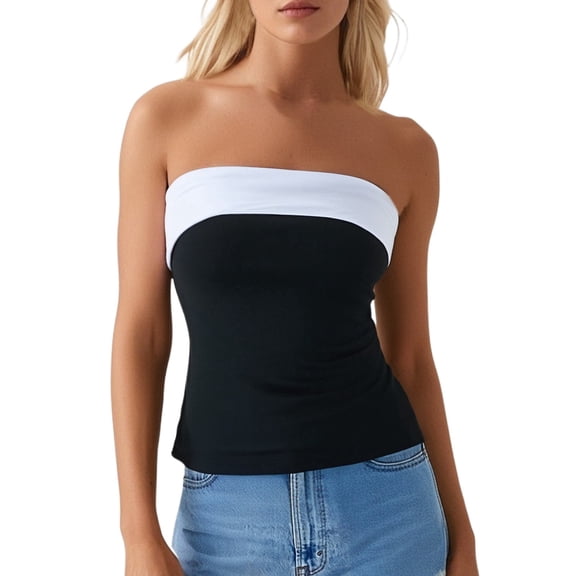 Tank Tops for Women,Fashion Bustier Color Block Tube Top with Side Slit Design,Camisole Tops for Women,Black,XL