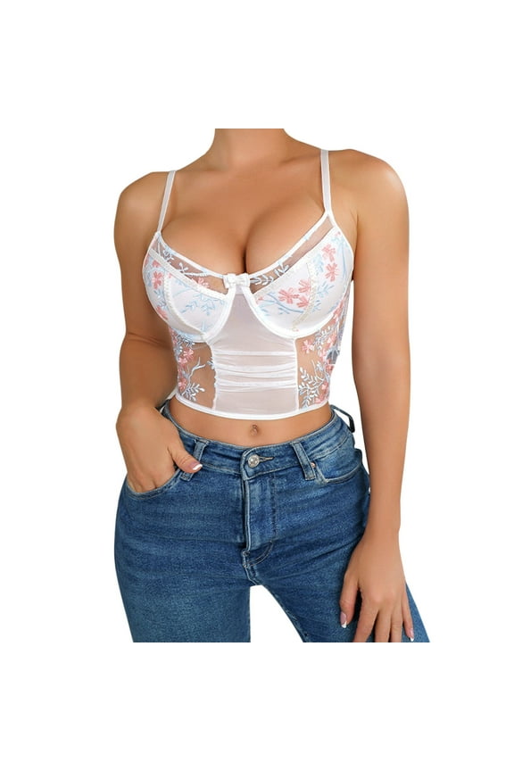 Tank Tops for Women,Floral Lace Bustier Corset Bralette Crop Top for Party and Evening Wear,Camisole Tops for Women,White,M