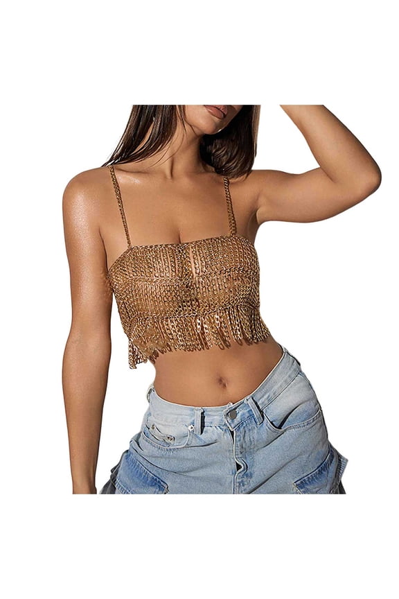 Tank Tops for Women,Fringe Tube Top with Metal Chain Detail and Cropped Back Design for Fashion,Camisole Tops for Women,Gold,One Size