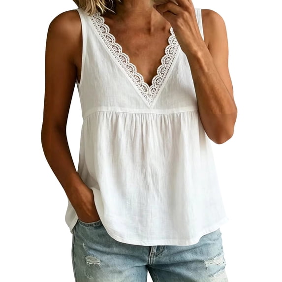 Tank Tops for Women Gsakboxl Women's Cotton‑Linen Lace‑Trim V‑Neck Sleeveless Tank Top Casual Loose‑Fit Peplum Summer Comfortable Blouse White M