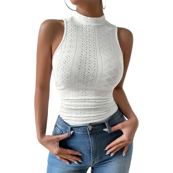 Tank Tops for Women High Neck Mesh Open Midriff Versatile Sleeveless Tops