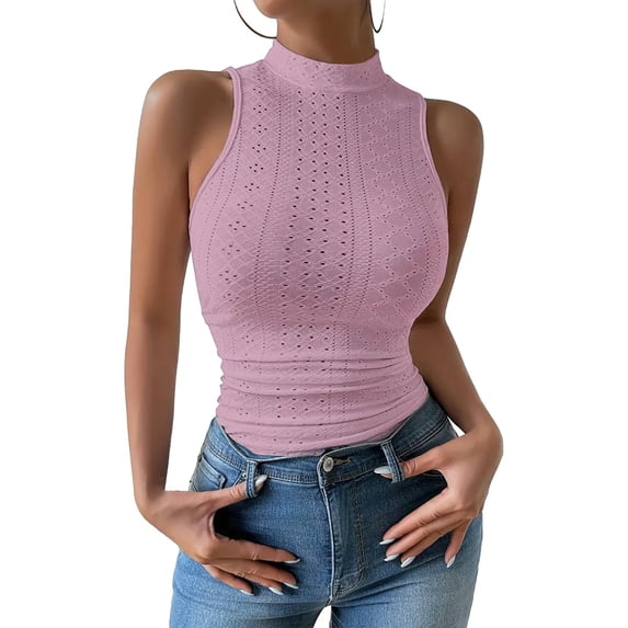 Tank Tops for Women High Neck Mesh Open Midriff Versatile Sleeveless Tops