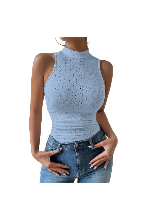 Tank Tops for Women High Neck Mesh Open Midriff Versatile Sleeveless Tops