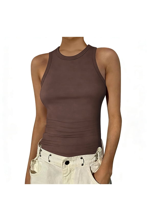 Tank Tops for Women High Neck Sleeveless Ribbed Tank Casual Basic Thick Strap Slim Fitted Racerback Shirts Brown S