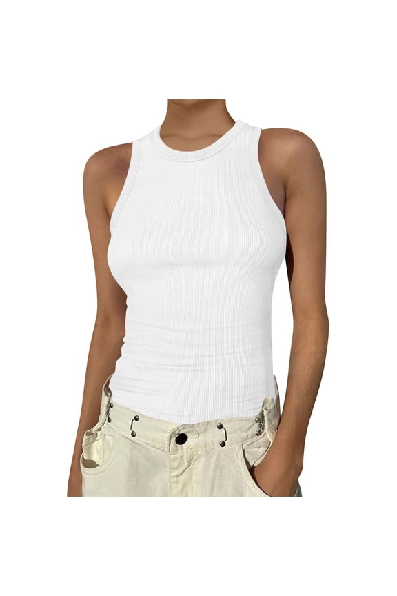 Tank Tops for Women High Neck Sleeveless Ribbed Tank Casual Basic Thick Strap Slim Fitted Racerback Shirts White 2XL