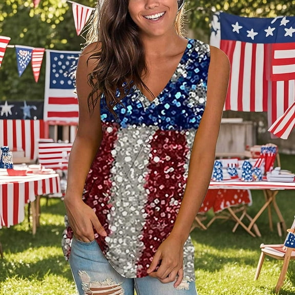 Tank Tops for Women Independence Day Sleeveless V-neck Printed T-shirt Top 1-Multicolor S