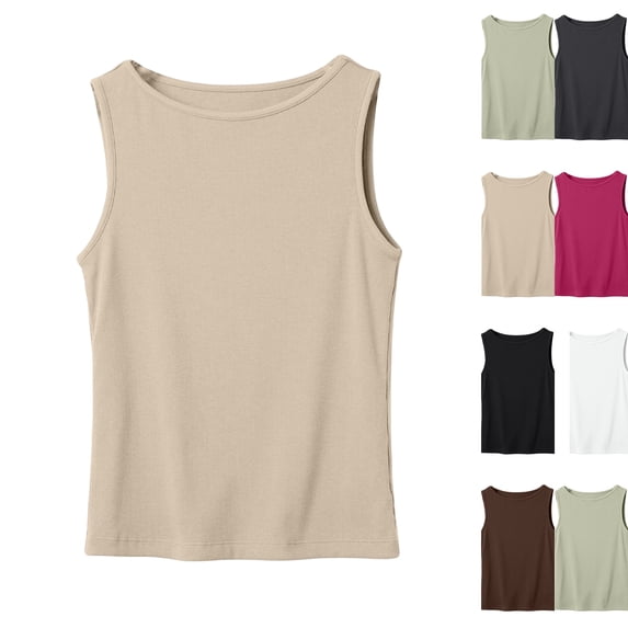 Tank Tops for Women Knit Crewneck Slim Fit Plain Solid Tops Summer Office Layering Basic Sleeveless Shirts Beige M