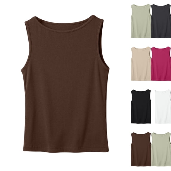 Tank Tops for Women Knit Crewneck Slim Fit Plain Solid Tops Summer Office Layering Basic Sleeveless Shirts Coffee XXL