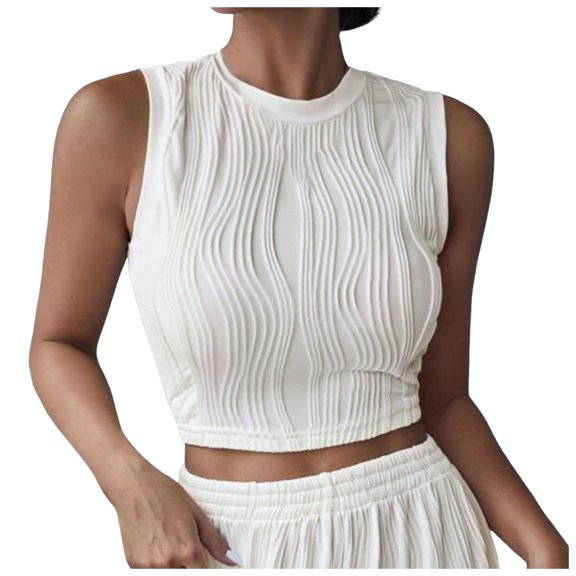 Tank Tops for Women,Knit Textured Sleeveless Crop Top Crewneck Basic Summer Tee Blouse Casual Comfortable Soft Fabric,Camisole Tops for Women,White,S