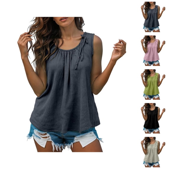 Tank Tops for Women Lightweight Cotton Linen Scoop Neck Loose Fit Ruffle Flowy Sleeveless Shirt Summer Outfits