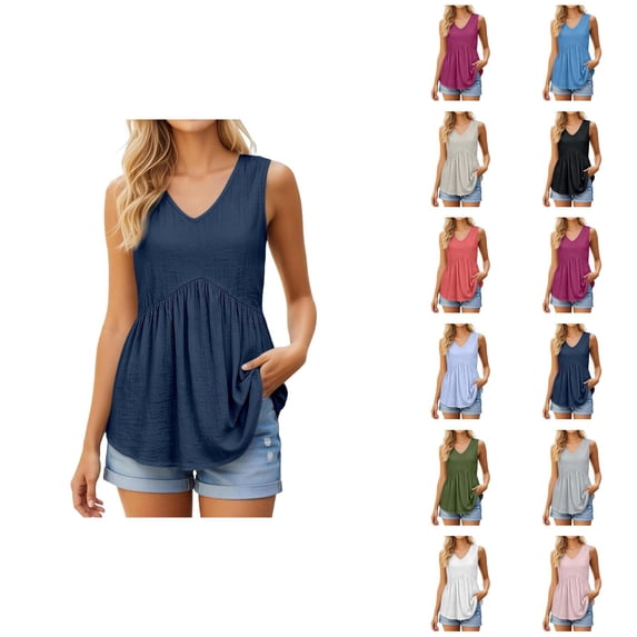 Tank Tops for Women Lightweight Cotton Linen V Neck Loose Ruffle Flowy Sleeveless Shirt Summer Outfits