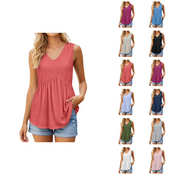 Tank Tops for Women Lightweight Cotton Linen V Neck Loose Ruffle Flowy Sleeveless Shirt Summer Outfits