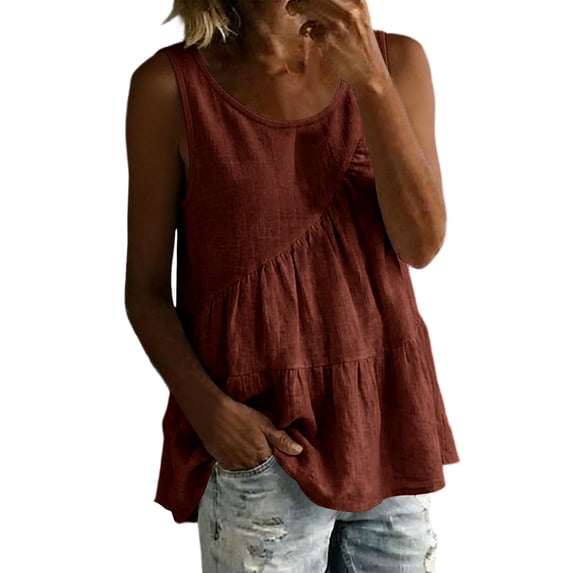 Tank Tops for Women Linen New Women's Linen Sleeveless Tops Round Neck Loose Fits Casual Tank Tops Summer Lightweight Ruffle Hem Daily Comfy Camisole