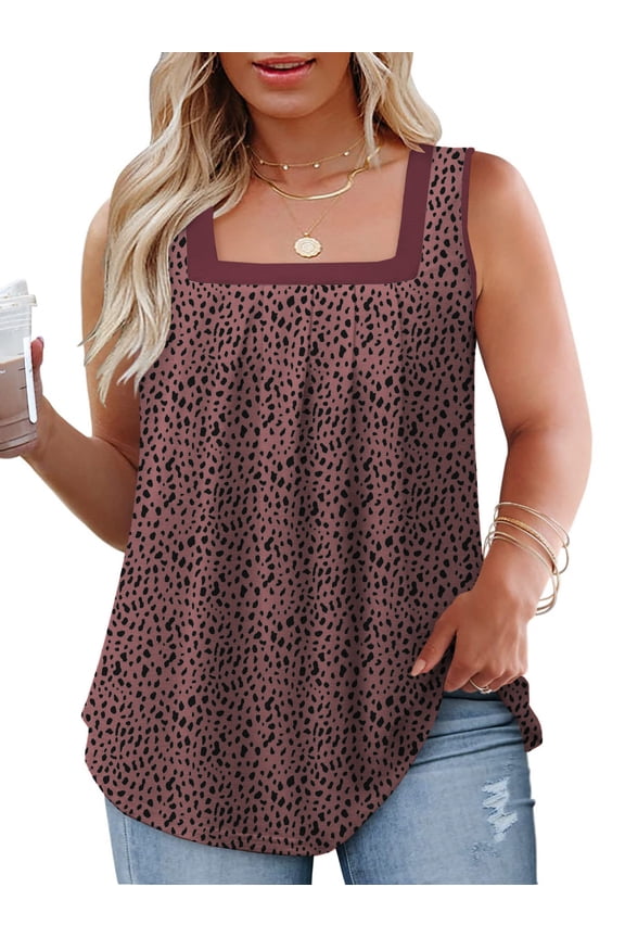 Summer Womens Tank Tops Loose Fit Square Neck T Shirts Cute Sleeveless Tunic Leopard Printed